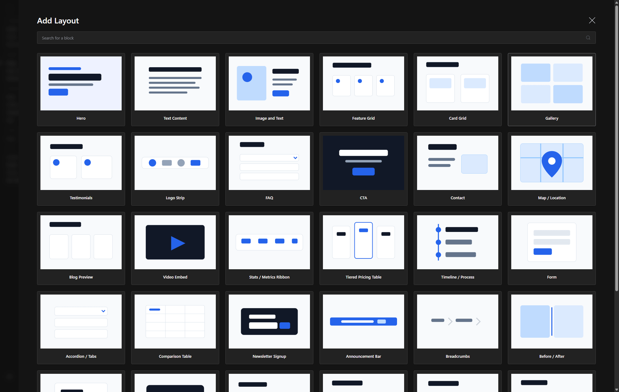 Payload CMS layout component selector for adding managed page sections
