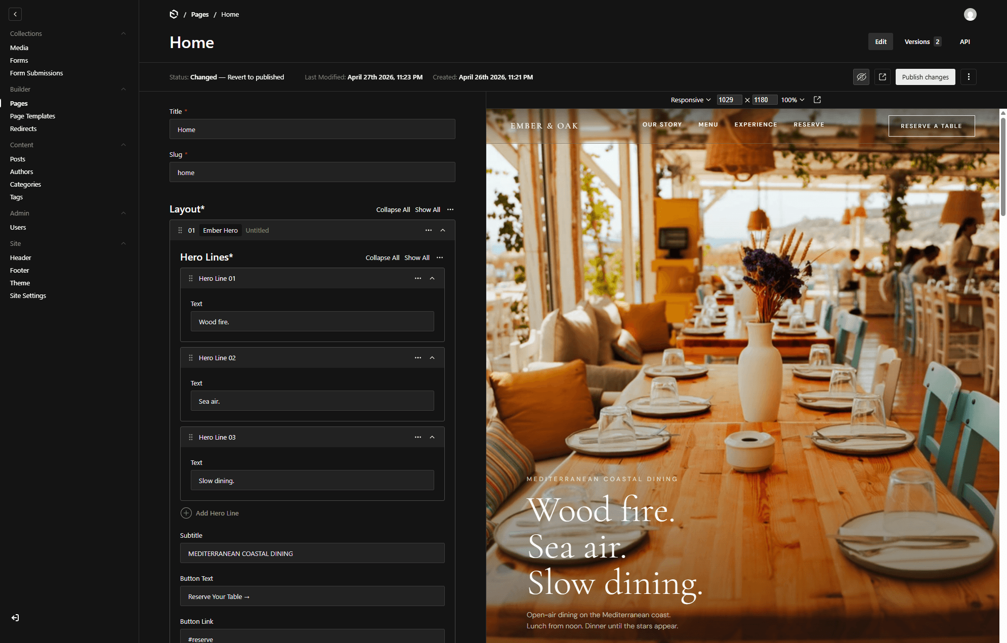 Payload CMS page editor showing editable page fields and layout blocks
